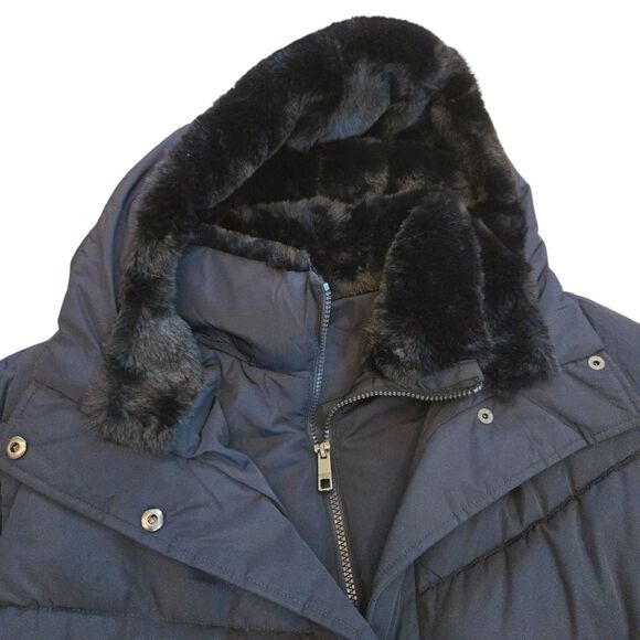 Andrew Marc Womens Coat Sz XXL Puffer Navy Hooded Black Faux Fur Jacket Warm LN! - Picture 3 of 15
